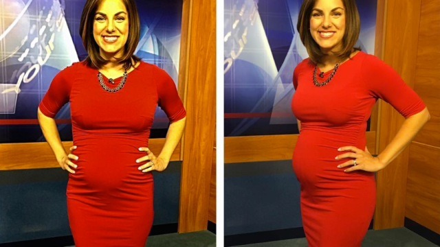 Side-by-side photo of reporter Laura Warren showing off her pregnant stomach from the front and the side