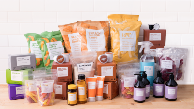 Grocery items on display, including coffee and hand soap