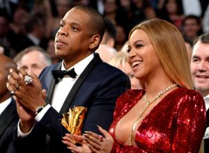 Jay Z and Beyonce during The 59th GRAMMY Awards