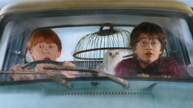 Harry and Ron in the flying Ford Anglia.