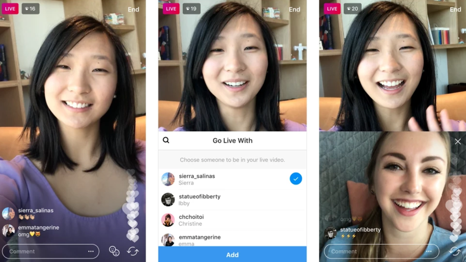 A split-screen of Instagram live with a friend.