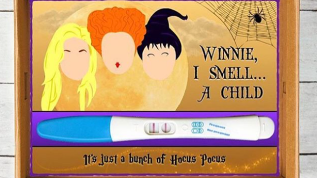 Pregnancy announcement that reads, "Winnie I smell... a child"