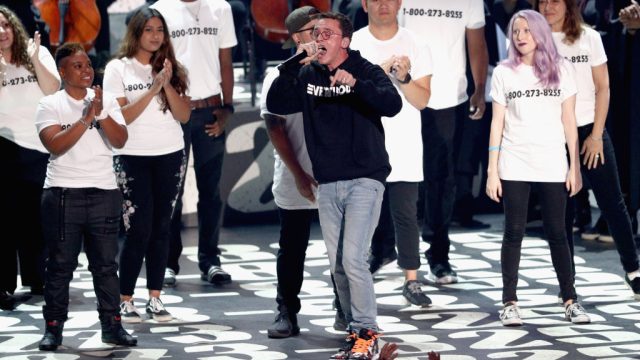 Logic (C) performs onstage during the 2017 MTV Video Music Awards