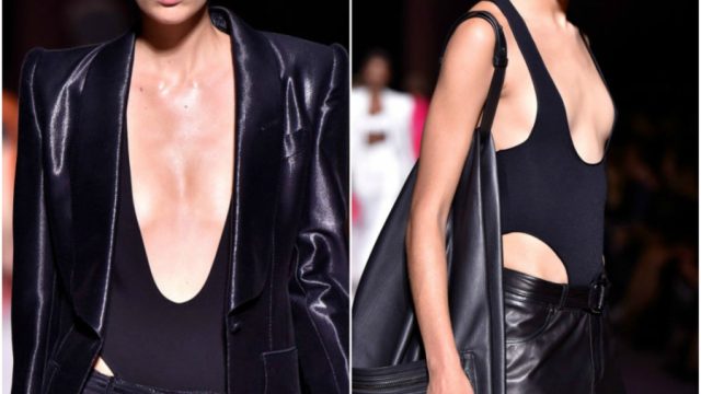 Collage of two bodysuits at tom ford show