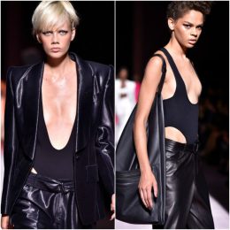 Collage of two bodysuits at tom ford show