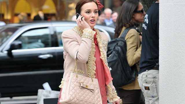 NEW YORK, NY - SEPTEMBER 16: Actress Leighton Meester on the set of "Gossip Girl" outside Milly Madison Avenue on September 16, 2011 in New York City. (Photo by Slaven Vlasic/Getty Images)