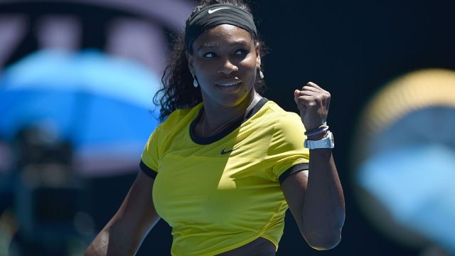 Serena Williams of the US celebrates after victory in her women's singles match against Taiwan's Hsieh Su-Wei on day three of the 2016 Australian Open tennis tournament in Melbourne on January 20, 2016. AFP PHOTO / PETER PARKS-- IMAGE RESTRICTED TO EDITORIAL USE - STRICTLY NO COMMERCIAL USE / AFP / PETER PARKS