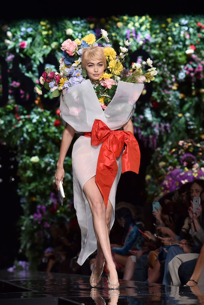 Gigi Hadid dressed like a bouquet of flowers because fashion week