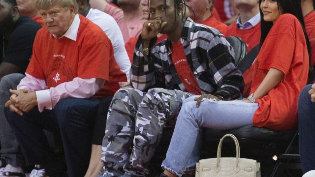 HOUSTON, TX - APRIL 25: Travis Scott and Kylie Jenner courtside during Game Five of the Western Conference Quarterfinals game of the 2017 NBA Playoffs at Toyota Center on April 25, 2017 in Houston, Texas. NOTE TO USER: User expressly acknowledges and agrees that, by downloading and/or using this photograph, user is consenting to the terms and conditions of the Getty Images License Agreement. (Photo by Bob Levey/Getty Images)