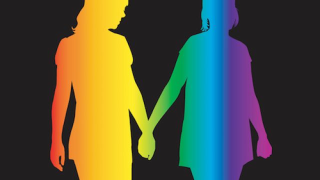 Lesbian women silhouettes in rainbow colors
