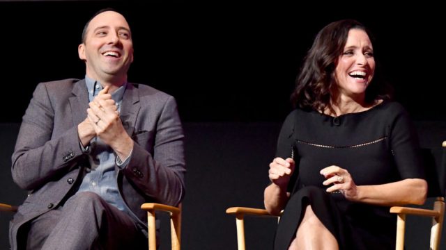 Actors Tony Hale (L) and Julia Louis-Dreyfus speak onstage during HBO's 'Veep' FYC Panel at Saban Media Center on May 25, 2017 in North Hollywood, California.