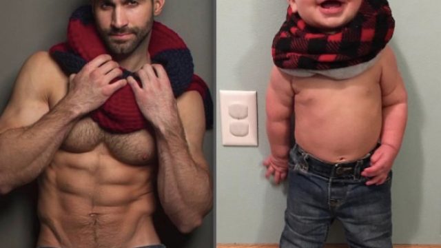 A toddler recreates his uncle's modeling photos