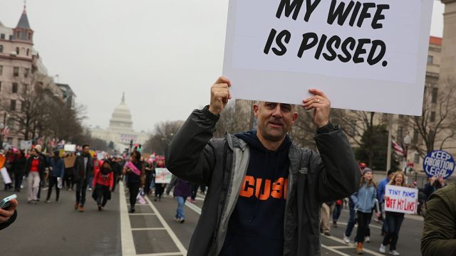 WASHINGTON, DC -JAN21: Bart Goodell from Skaneatels, New York, marches down Pennsylvania Avenue during the Women's March on Washington, January 21, 2017. (Photo by Evelyn Hockstein/For The Washington Post via Getty Images)