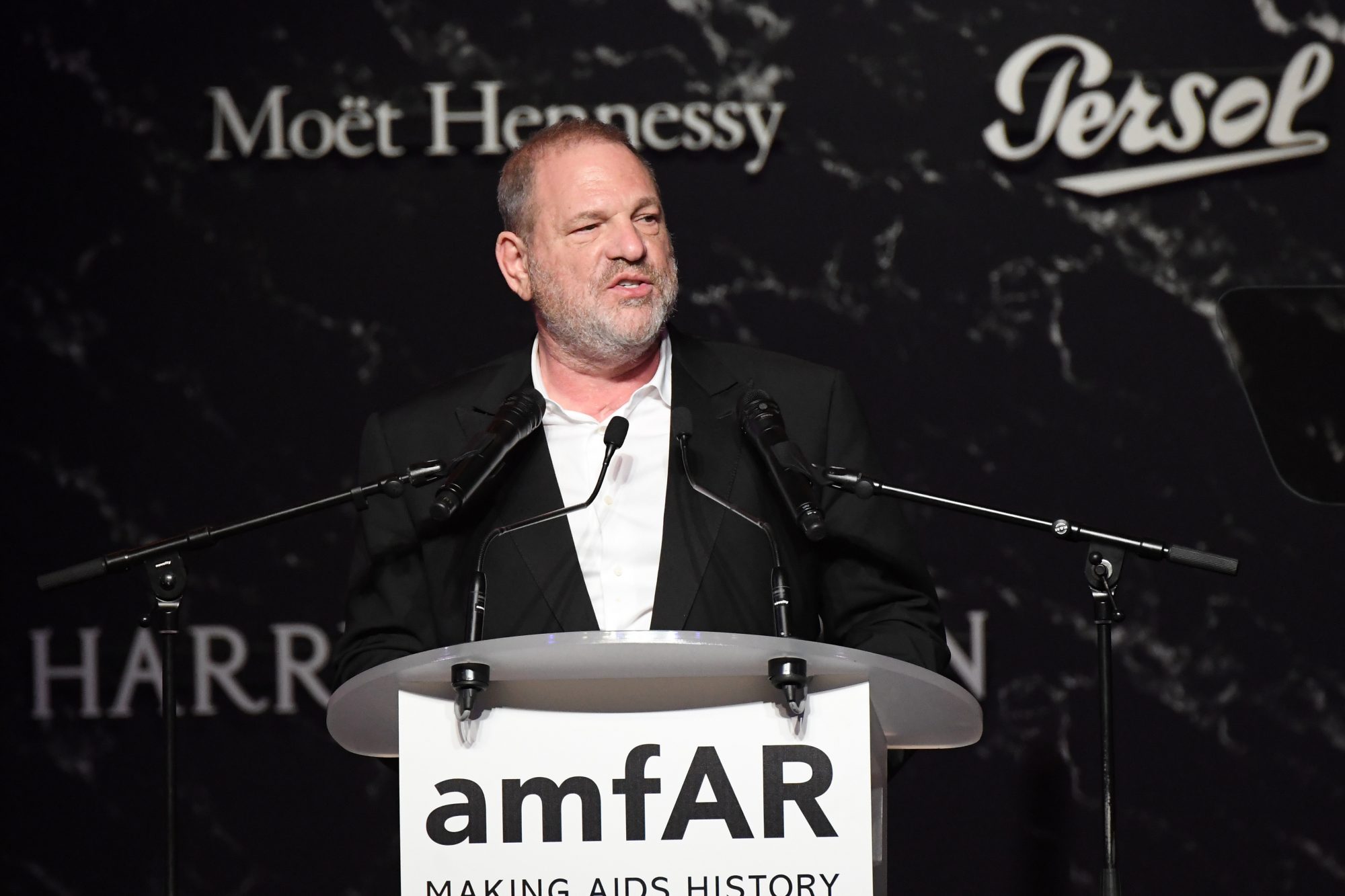 CAP D'ANTIBES, FRANCE - MAY 25:  Harvey Weinstein speaks on stage during the amfAR Gala Cannes 2017 at Hotel du Cap-Eden-Roc on May 25, 2017 in Cap d'Antibes, France.  (Photo by Dominique Charriau/Getty Images)