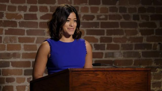 Gina Rodriguez in blue dress on Jane the Virgin