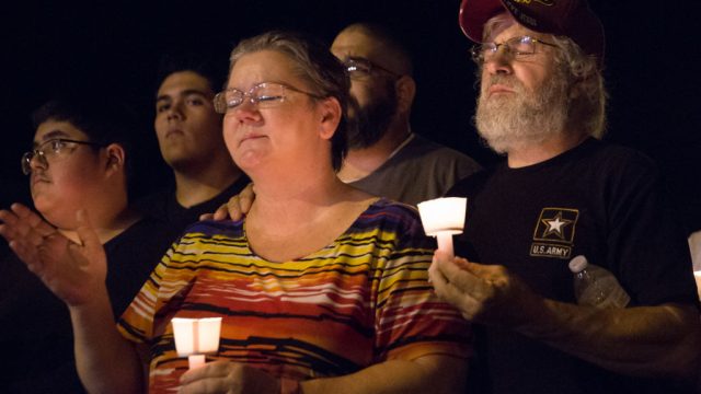 A candlelight vigil is observed on November 5, 2017, following the mass shooting at the First Baptist Church in Sutherland Springs, Texas, that left 26 people dead according to authorities. / AFP PHOTO / SUZANNE CORDEIRO (Photo credit should read SUZANNE CORDEIRO/AFP/Getty Images)