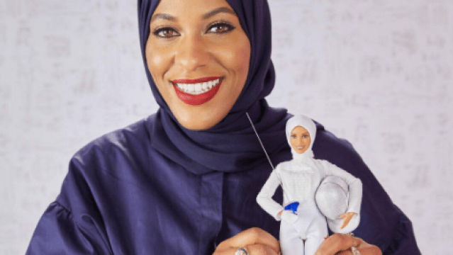 Image of Ibtihaj Muhammad and the new hijab-wearing Barbie