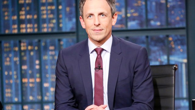Host Seth Meyers behind the desk on the "Late Night with Seth Meyers" on October 26, 2017