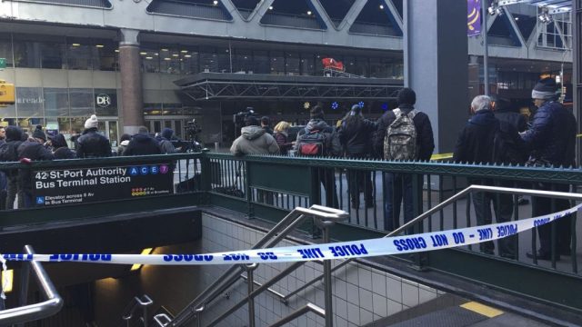 NEW YORK, USA - DECEMBER 11 : Entrance of the 42 St-Port Authority Bus Terminal Station is seen blocked with "Do Not Cross" tapes after an explosion occured in New York, United States on December 11, 2017. (Photo by Ertugrul Cingil/Anadolu Agency/Getty Images)