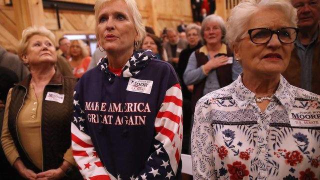 A crowd, prominently featuring white women, wait for Republican Senatorial candidate Roy Moore to speak during a campaign event on December 11th, 2017.