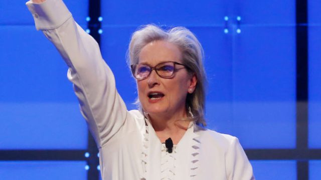 BOSTON, MA - DECEMBER 7: Meryl Streep gestures to the crowd after speaking during the Keynote Luncheon at The Massachusetts Conference For Women at the Boston Convention and Exhibition Center on Dec. 7, 2017.
