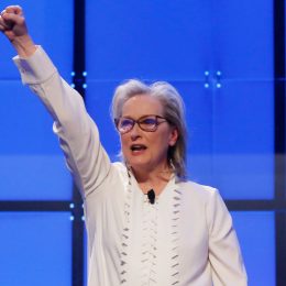 BOSTON, MA - DECEMBER 7: Meryl Streep gestures to the crowd after speaking during the Keynote Luncheon at The Massachusetts Conference For Women at the Boston Convention and Exhibition Center on Dec. 7, 2017.