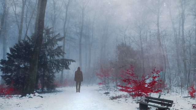 Man walking in snow covered forest, digital alteration