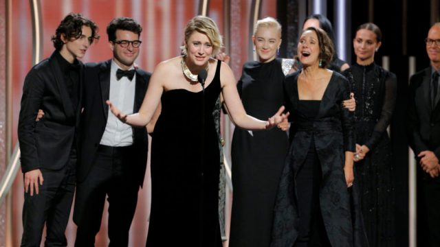 Image of the cast of "Lady Bird" at the Golden Globes