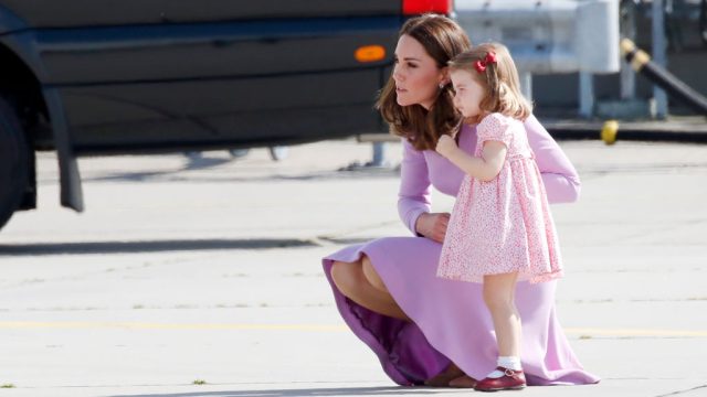 HAMBURG, GERMANY - JULY 21: Catherine, Duchess of Cambridge and Princess Charlotte of Cambridge visit two airbus helicopters during an official visit to Poland and Germany on July 21, 2017 in Hamburg, Germany.