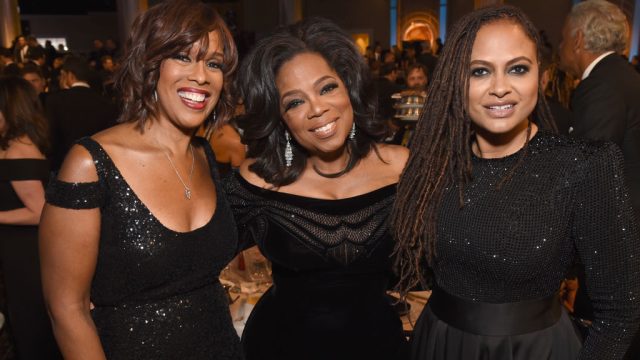 BEVERLY HILLS, CA - JANUARY 07: (L-R) TV personality Gayle King, Oprah Winfrey and director Ava DuVernay celebrate The 75th Annual Golden Globe Awards with Moet & Chandon at The Beverly Hilton Hotel on January 7, 2018 in Beverly Hills, California. (Photo by Michael Kovac/Getty Images for Moet & Chandon)