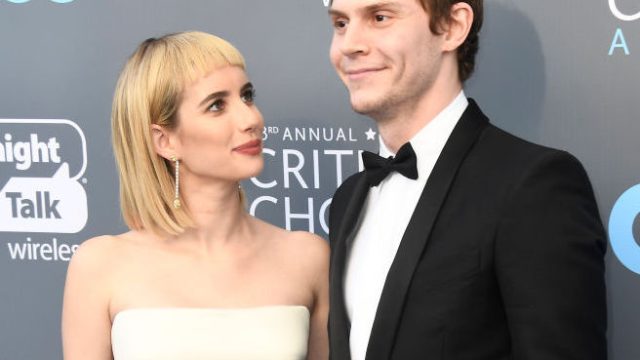 SANTA MONICA, CA - JANUARY 11: Actors Emma Roberts (L) and Evan Peters attend The 23rd Annual Critics' Choice Awards at Barker Hangar on January 11, 2018 in Santa Monica, California.