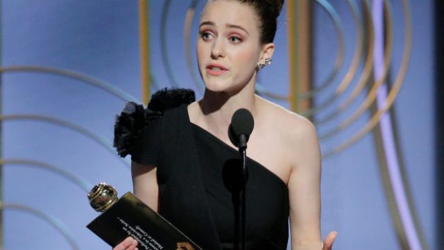In this handout photo provided by NBCUniversal, Rachel Brosnahan accepts the award for Best Performance by an Actress in a Television Series ? Musical or Comedy for ?The Marvelous Mrs. Maisel? during the 75th Annual Golden Globe Awards at The Beverly