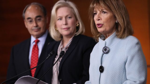 WASHINGTON, DC - NOVEMBER 15: Sen. Kirsten Gillibrand (C) (D-NY), Rep. Jackie Speier (R) (D-CA), and Rep. Bruce Poliquin (L) (D-ME) speak at a press conference on sexual harassment in Congress on November 15, 2017 in Washington, DC. Gillibrand and Speier announced the introduction of bipartisan legislation to prevent and respond to sexual harassment in Congress. (Photo by Win McNamee/Getty Images)
