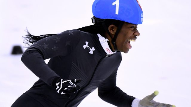 Photo of Maame Biney at the 2018 U.S. Speedskating Short Track Olympic Team Trials