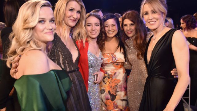 Actors Reese Witherspoon, Laura Dern, Jaya Harper, Kelly Marie Tran, Marisa Tomei and Felicity Huffman pose during the 24th Annual Screen Actors Guild Awards at The Shrine Auditorium on January 21, 2018 in Los Angeles, California. 27522_007