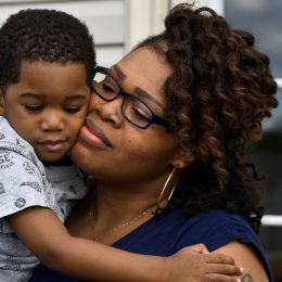 DUMFRIES , VA - MAY 26: Keisha Carney comforts Malik, who was not feeling well May 26, 2017 in Dumfries , VA. Keisha Carney had Essure implanted by a doctor in the hospital after a few months after her twins were born, but found out in May 2015 that she was pregnant. (Photo by Katherine Frey/The Washington Post via Getty Images)