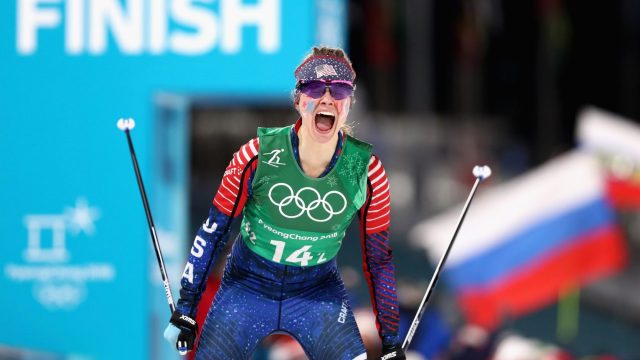 Photo of Jessie Diggins Winning Gold at the 2018 Winter Olympics