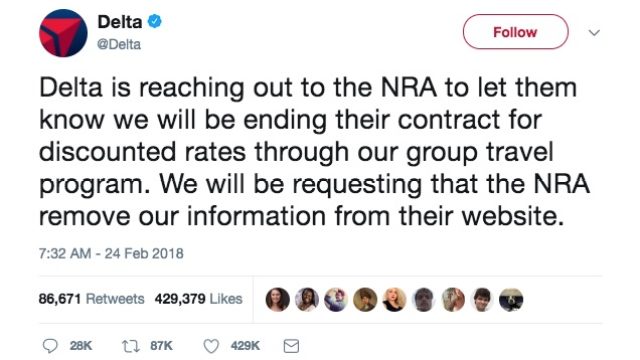 Photo of Delta Announcing Its NRA Boycott on Twitter