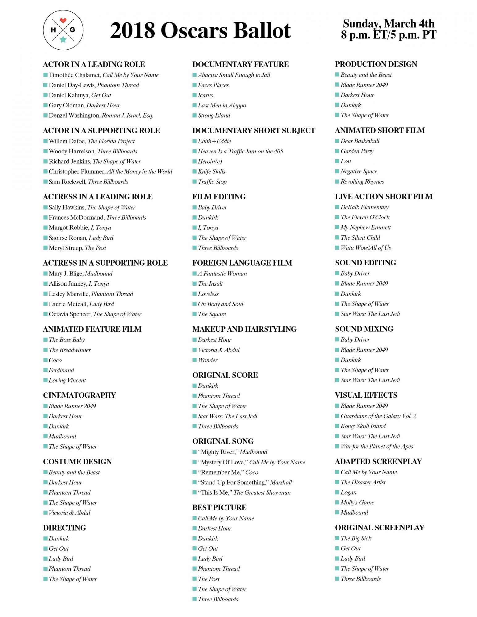 Here's a printable Oscars ballot so you can keep track at homeHelloGiggles