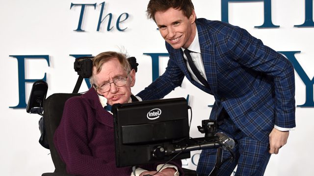 LONDON, ENGLAND - DECEMBER 09: Professor Stephen Hawking and Eddie Redmayne attend the UK Premiere of "The Theory Of Everything" at Odeon Leicester Square on December 9, 2014 in London, England.