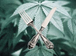 Fork and knife on top of marijuana leaves