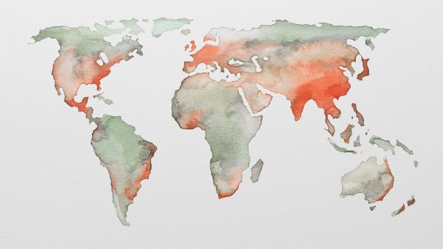 World map with most densely populated areas in red