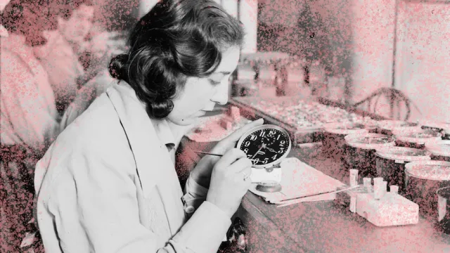 Women (Radium Girls) painting alarm clock faces, Ingersoll factory, January 1932.