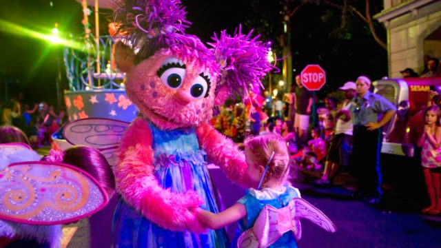 LANGHORNE, PA - AUGUST 4: Abby Cadabby finds a look-alike to dance with along the parade route at Sesame Place Thursday, Aug.4, 2011 in Langhorne, PA.