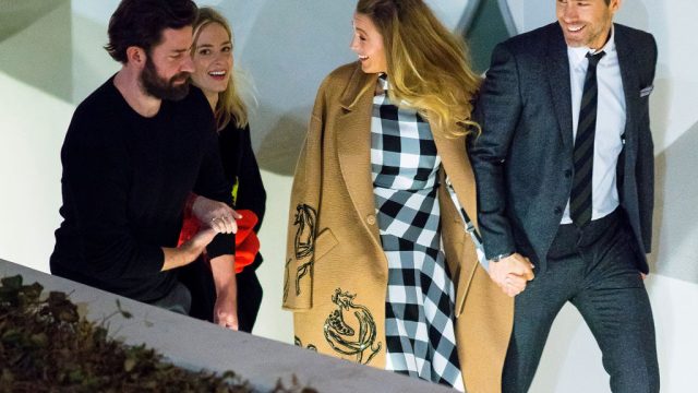 NEW YORK, NY - MARCH 22: (L-R) John Krasinski, Emily Blunt, Blake Lively and Ryan Reynolds are seen in the Upper East Side on March 22, 2018 in New York City.
