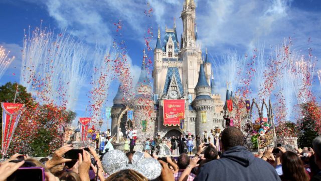 Fireworks and confetti fly over Cinderella Castle during the grand opening ceremony for the New Fantasyland at Walt Disney World's Magic Kingdom, Thursday, December 6, 2012, in Lake Buena Vista, Florida.
