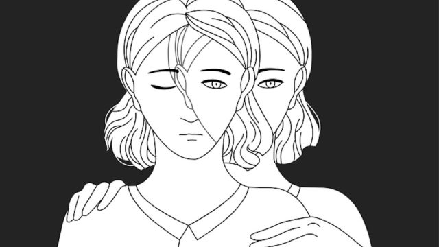 Black and white illustration of a woman holding herself