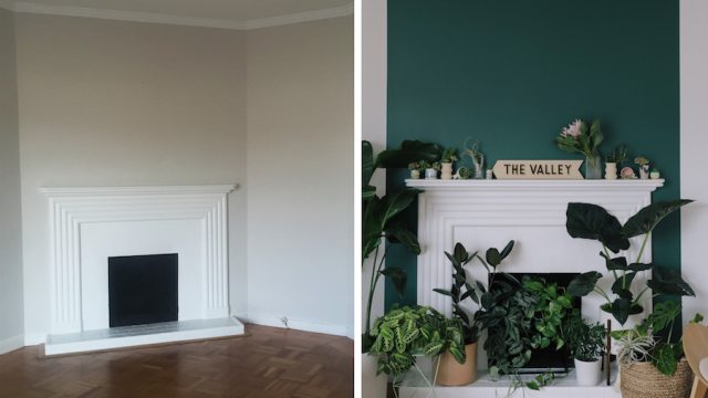 Split screen of a San Francisco bungalow living room before and after new paint