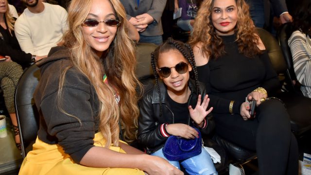 LOS ANGELES, CA - FEBRUARY 18: (L-R) Beyonce, Blue Ivy Carter, and Tina Knowles attend the 67th NBA All-Star Game: Team LeBron Vs. Team Stephen at Staples Center on February 18, 2018 in Los Angeles, California.