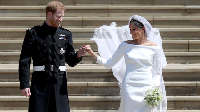 Prince Harry and Meghan Markle leave St George's Chapel in Windsor Castle after their wedding. (Photo by Jane Barlow/PA Images via Getty Images)